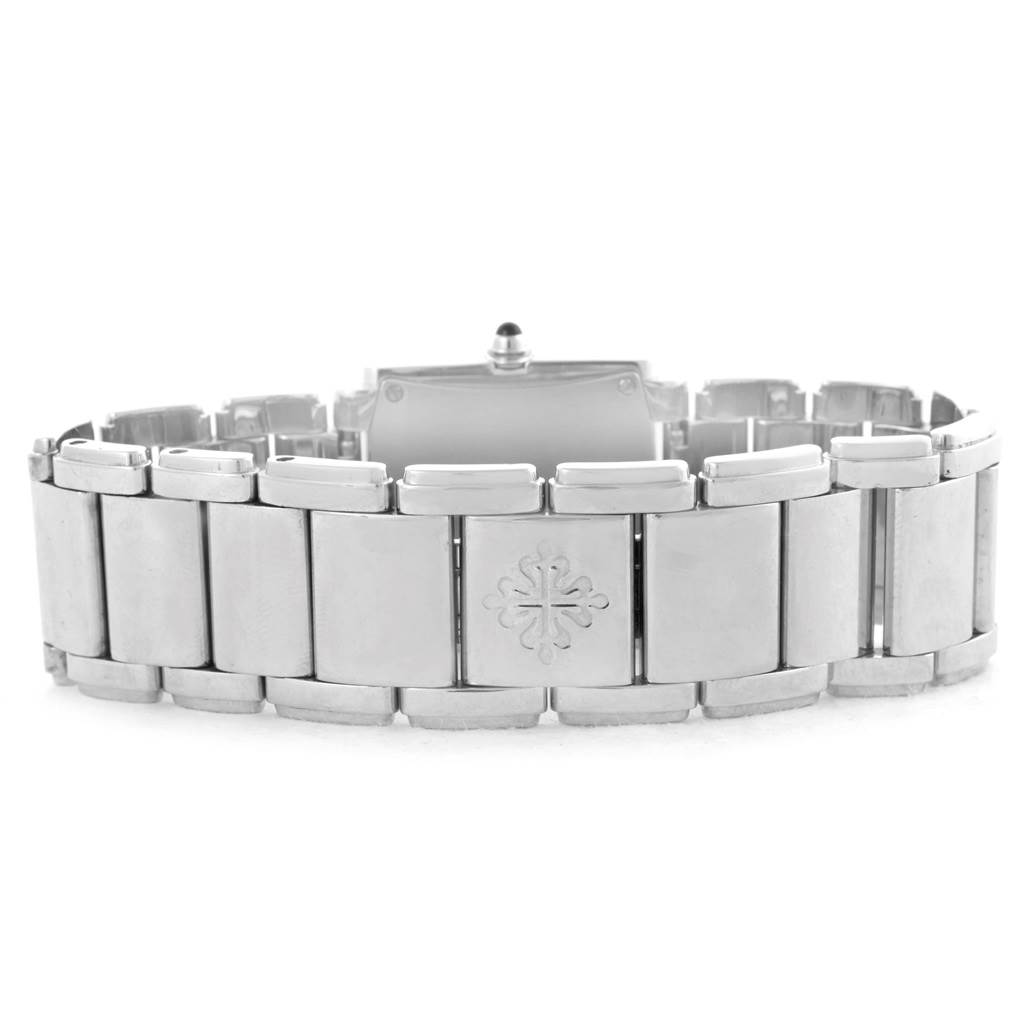 The image shows the stainless steel bracelet of the Patek Philippe Twenty-4 4910 Women's Stainless Steel Silver Dial 4910 Women's Stainless Steel Silver Dial watch, viewed from the back with the clasp visible.