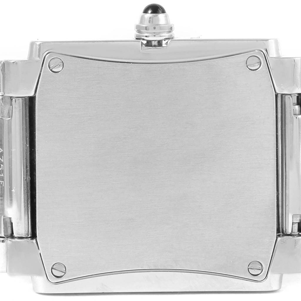 This image shows the back case and crown of the Patek Philippe Twenty-4 4910 Women's Stainless Steel Silver Dial 4910 Women's Stainless Steel Silver Dial watch from a straight-on angle.