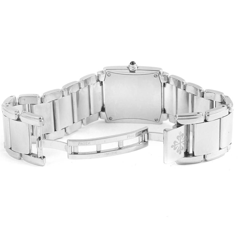 This image shows the open clasp and back view of the bracelet of a Patek Philippe Twenty-4 4910-10A-001 Women
s Stainless Steel Black Dial 4910-10A-001 Women
s Stainless Steel Black Dial model watch.