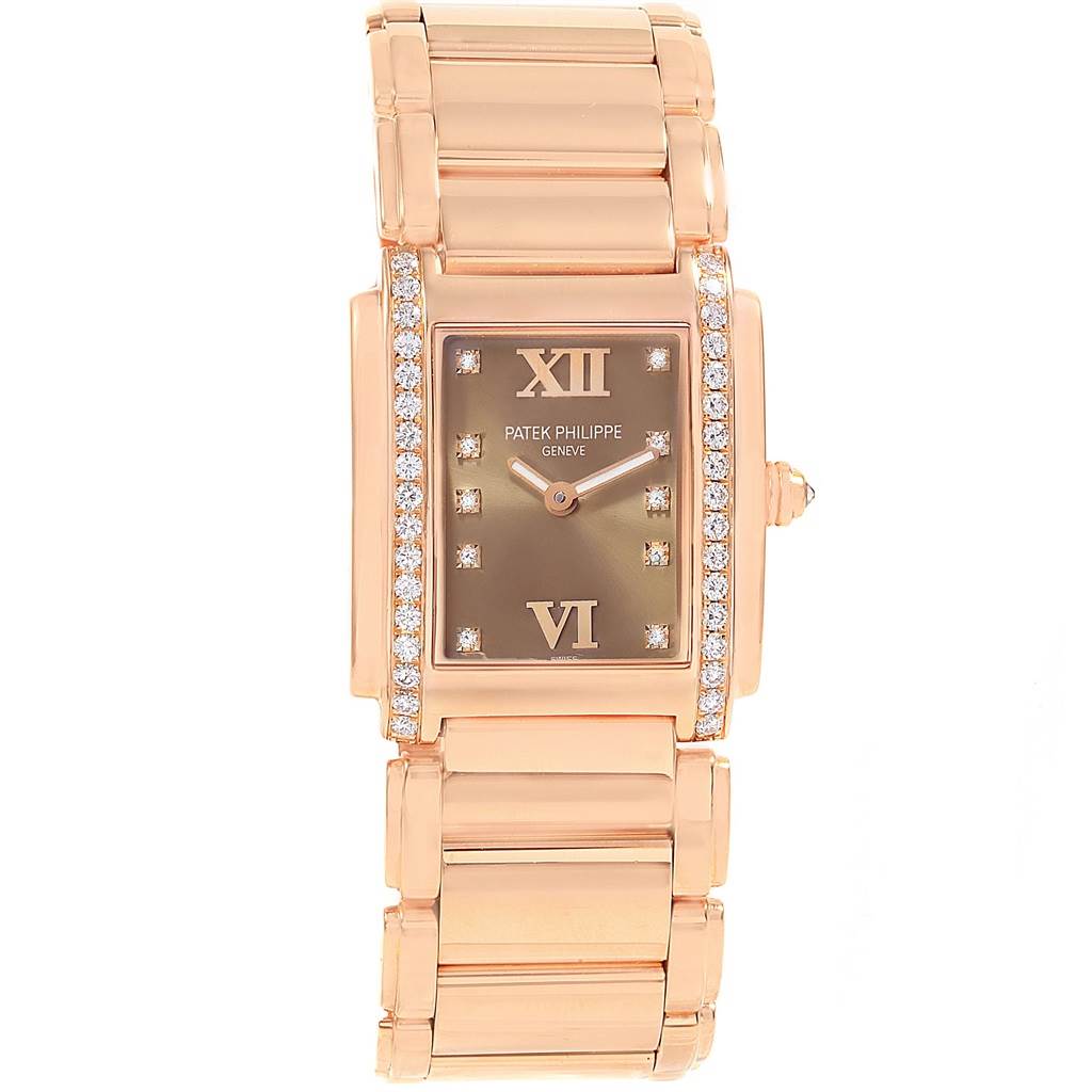 This is a front view of a Patek Philippe Twenty-4 4910/11R Women's Rose Gold Brown Dial 4910/11R Women's Rose Gold Brown Dial watch, showing the rectangular face, diamond bezel, and metal bracelet.
