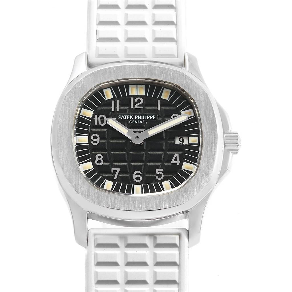 The Patek Philippe Aquanaut 4960 Women's Stainless Steel Black Dial 4960 Women's Stainless Steel Black Dial watch is shown from a front angle, displaying its face, bezel, and part of the strap.
