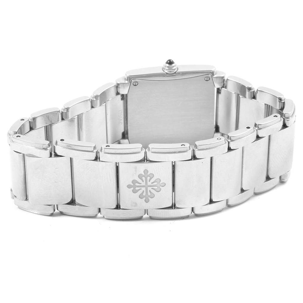 The image shows the back view of the stainless steel bracelet and case of a Patek Philippe Twenty-4 4910/10A-010 Women's Stainless Steel Grey Dial 4910/10A-010 Women's Stainless Steel Grey Dial watch.