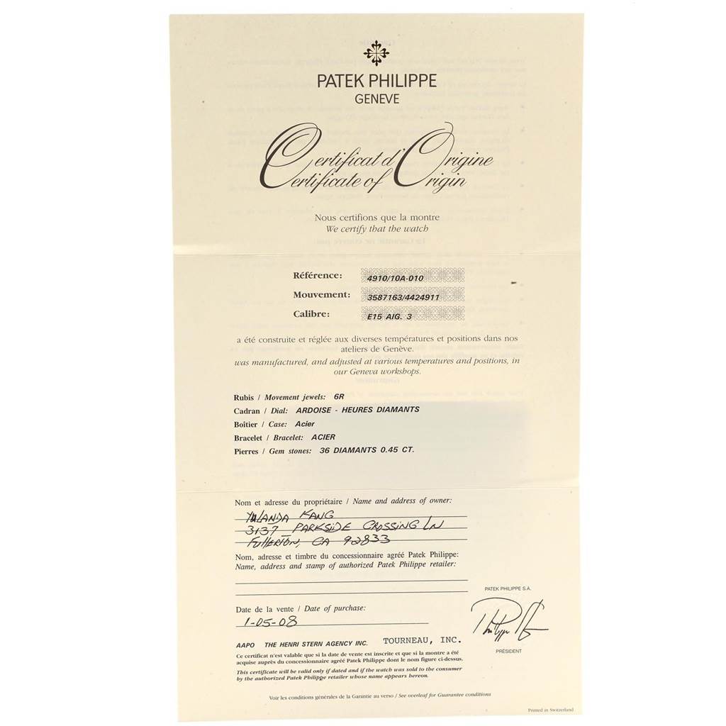 This image shows a Certificate of Origin for a Patek Philippe Twenty-4 4910/10A-010 Women's Stainless Steel Grey Dial 4910/10A-010 Women's Stainless Steel Grey Dial watch, including reference, movement, and calibration details.