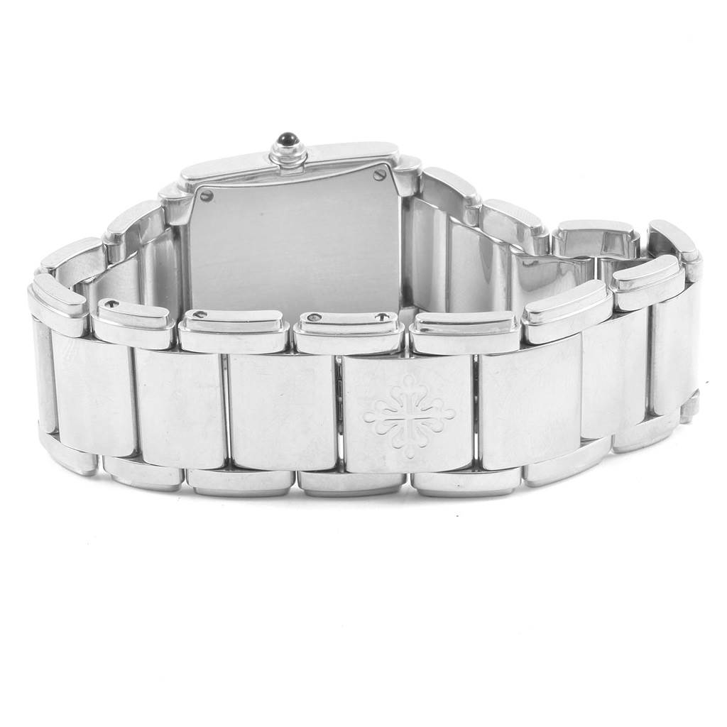 The image shows the back view of the Patek Philippe Twenty-4 4910 Women's Stainless Steel Silver Dial 4910 Women's Stainless Steel Silver Dial watch, highlighting its bracelet and clasp.