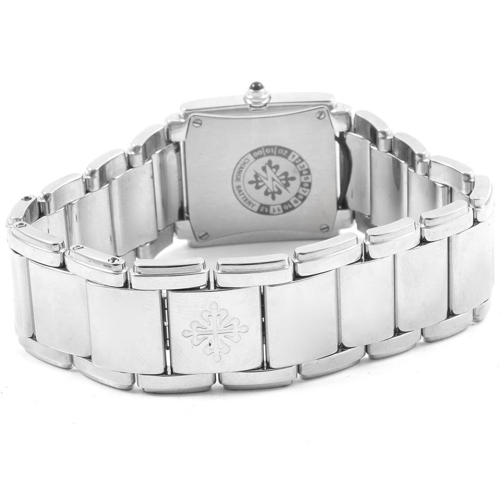 The image shows the back view of a Patek Philippe Twenty-4 4910 Women's Stainless Steel Black Dial 4910 Women's Stainless Steel Black Dial model, focusing on the bracelet and clasp.