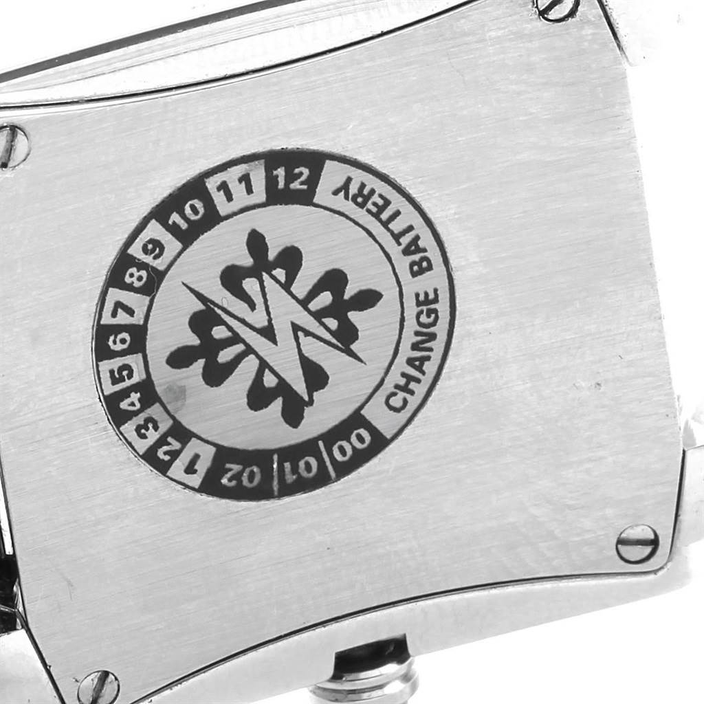 The image shows the back case of the Patek Philippe Twenty-4 4910 Women's Stainless Steel Black Dial 4910 Women's Stainless Steel Black Dial model, displaying battery change instructions.