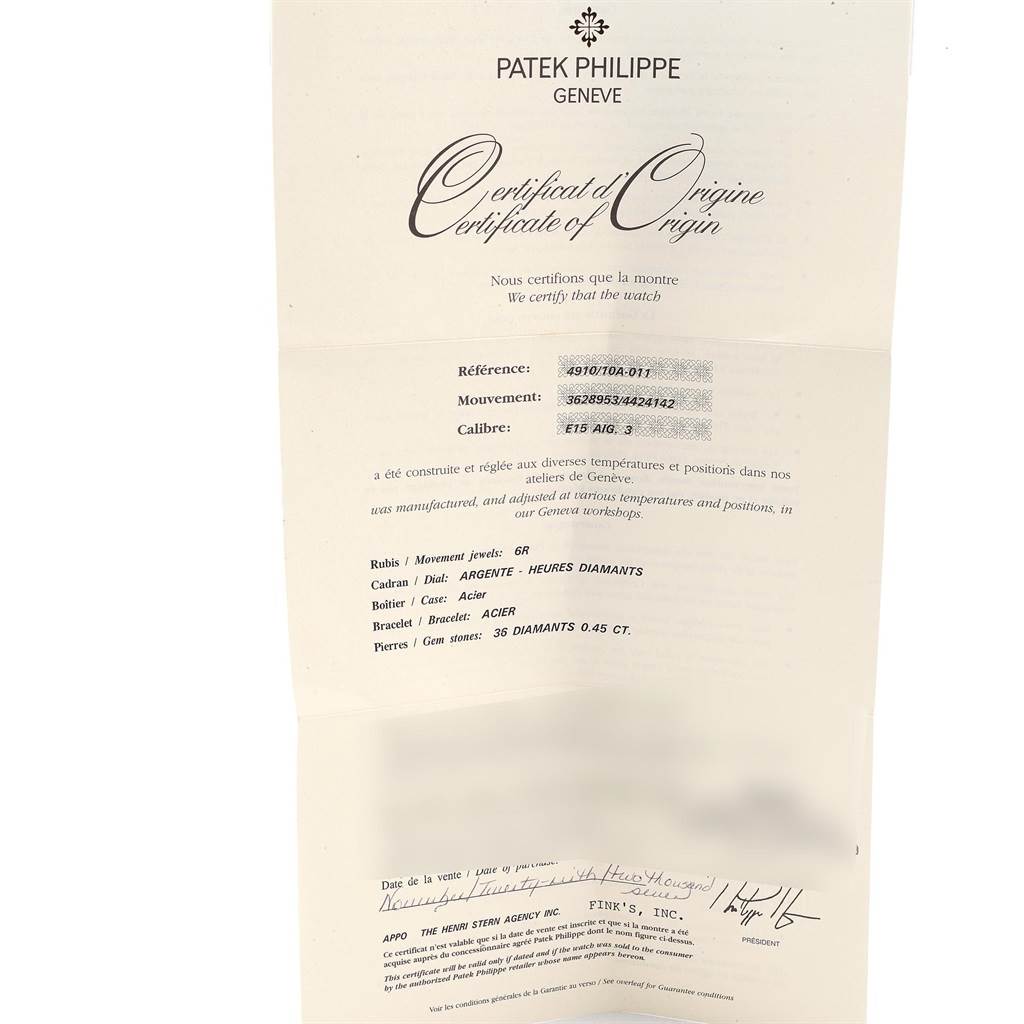 This image shows the Certificate of Origin for the Patek Philippe Twenty-4 4910 Women's Stainless Steel Silver Dial 4910 Women's Stainless Steel Silver Dial model watch.