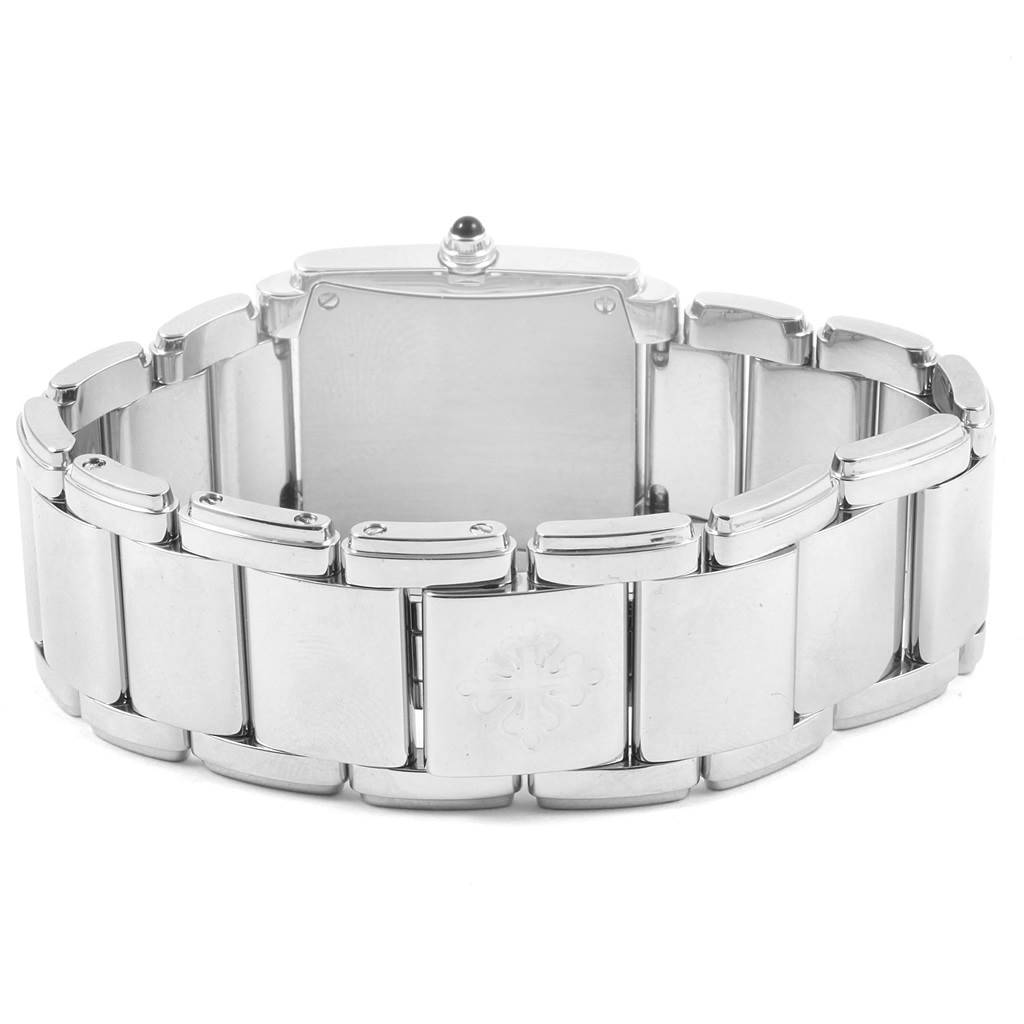 The image shows the back and bracelet of a Twenty-4 model watch by Patek Philippe from a rear angle.