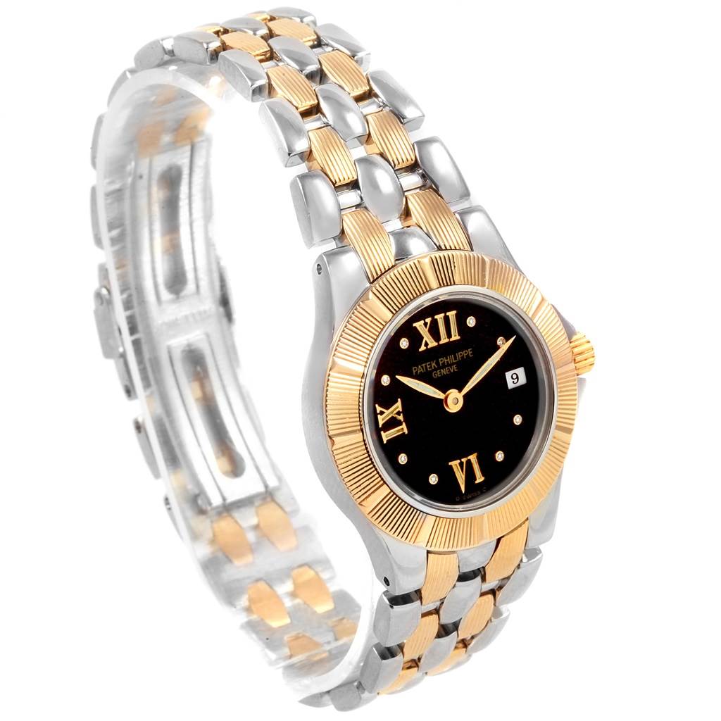 The image shows a Patek Philippe Neptune 4880 Women's Steel and Gold (two tone) Black Dial 4880 Women's Steel and Gold (two tone) Black Dial model watch, highlighting its two-tone bracelet, round dial, Roman numerals, and date display.