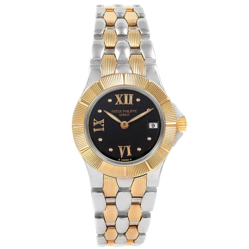 The image shows a front view of the Patek Philippe Neptune 4880 Women's Steel and Gold (two tone) Black Dial 4880 Women's Steel and Gold (two tone) Black Dial model watch, highlighting its two-tone bracelet, black dial, and gold bezel.