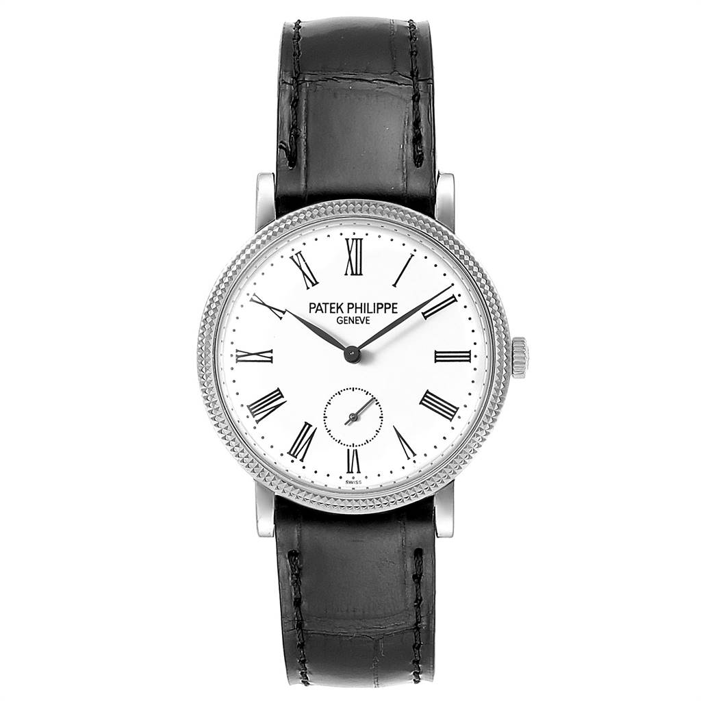 The image shows a front view of a Patek Philippe Calatrava 7119G Women's White Gold White Dial 7119G Women's White Gold White Dial watch with a black leather strap and a white dial.