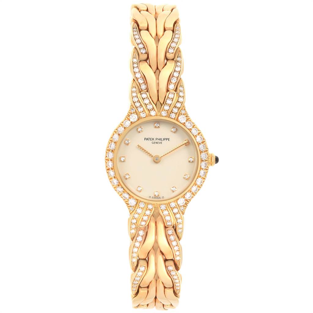 This is a front view image of the La Flamme model watch by Patek Philippe, showing the dial and bracelet adorned with diamonds.