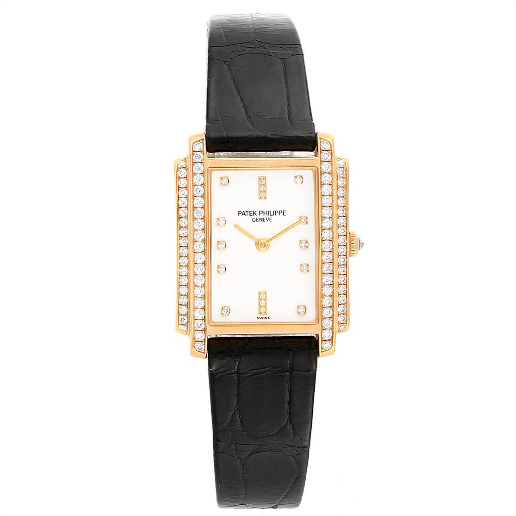 The image shows a top-view of a Patek Philippe Gondolo 4825/100 Women's Yellow Gold White Dial 4825/100 Women's Yellow Gold White Dial watch featuring a rectangular face with diamond accents and a black leather strap.
