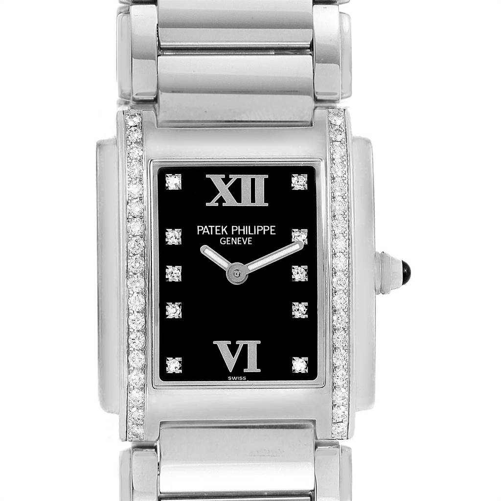 The Patek Philippe Twenty-4 4910-10A-001 Women's Stainless Steel Black Dial 4910-10A-001 Women's Stainless Steel Black Dial watch is shown from a top-front angle, displaying the face, bezel, and part of the bracelet.