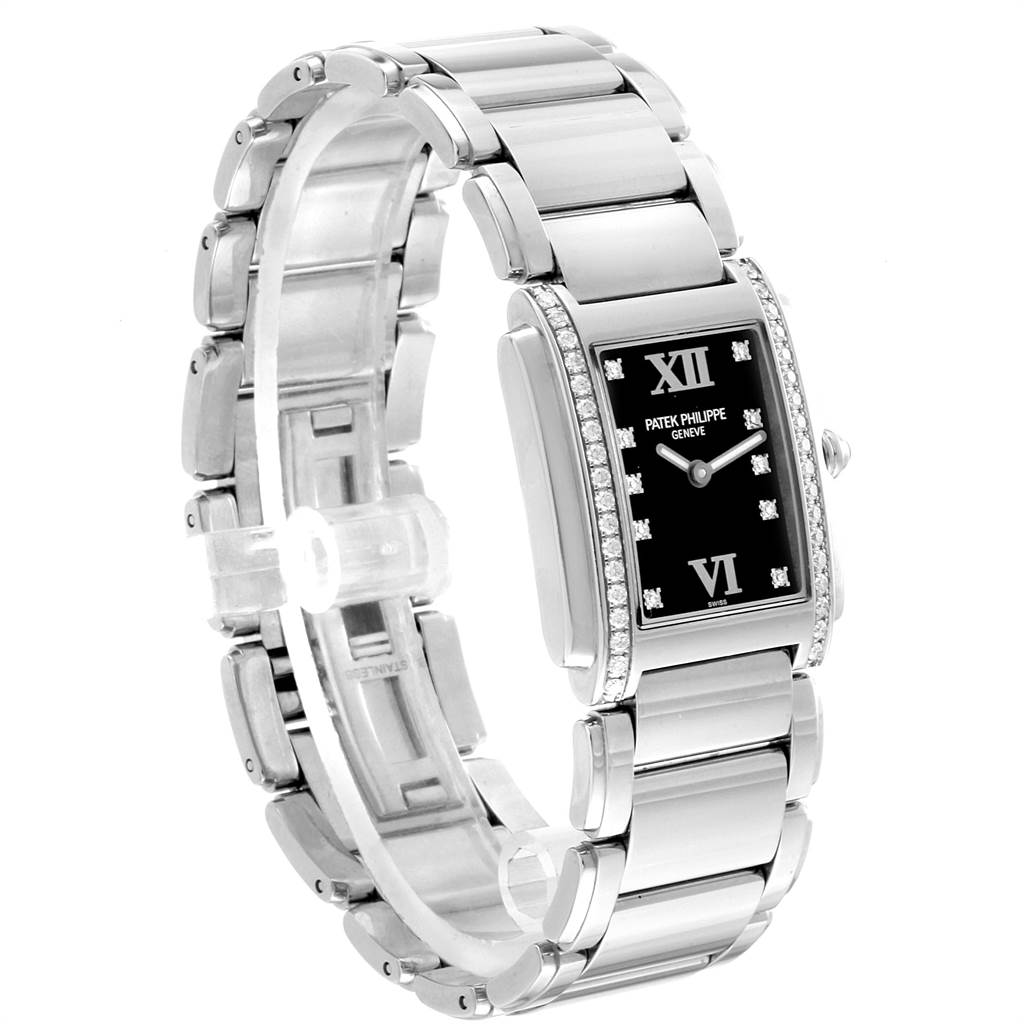 The image shows a side and top angle of the Patek Philippe Twenty-4 4910-10A-001 Women's Stainless Steel Black Dial 4910-10A-001 Women's Stainless Steel Black Dial watch, displaying its dial, bracelet, and bezel.