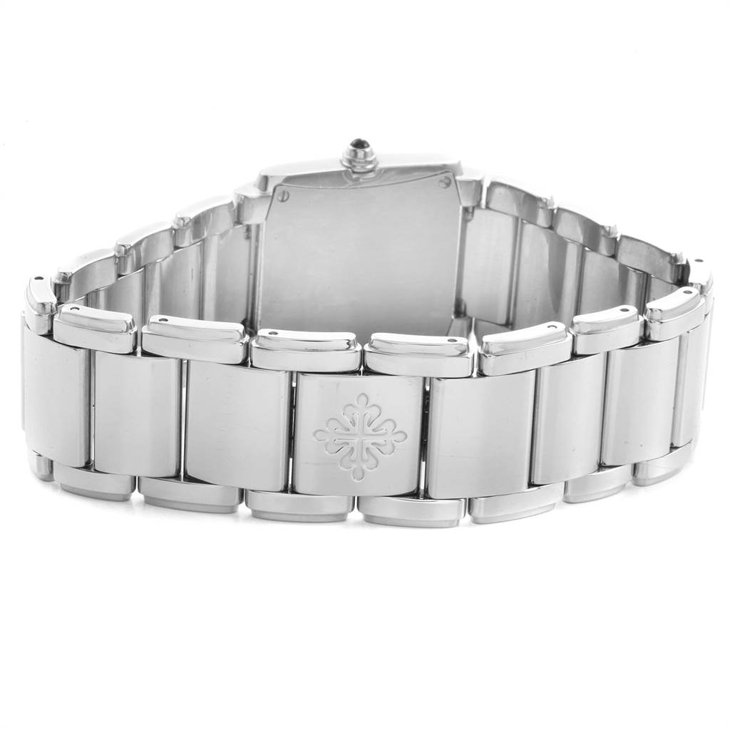 The image shows the back and bracelet of the Patek Philippe Twenty-4 4910-10A-001 Women's Stainless Steel Black Dial 4910-10A-001 Women's Stainless Steel Black Dial watch, highlighting the clasp.