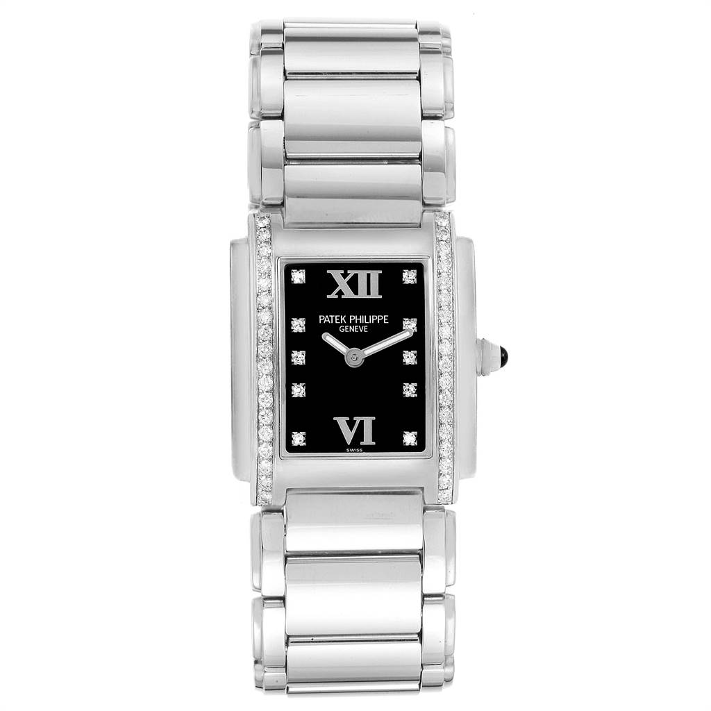 The image shows a front view of the Patek Philippe Twenty-4 4910-10A-001 Women's Stainless Steel Black Dial 4910-10A-001 Women's Stainless Steel Black Dial model, highlighting the dial, bracelet, and case.