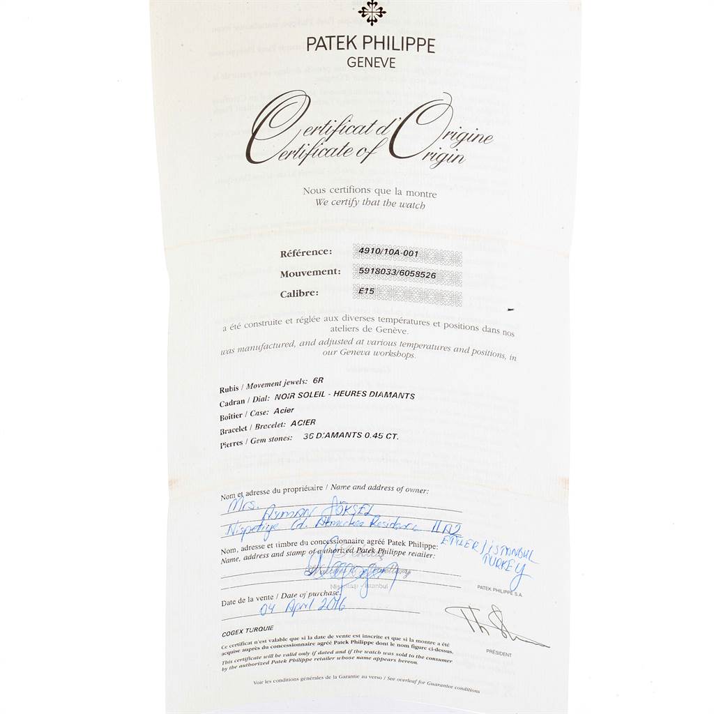 The image shows a certificate of origin for the Patek Philippe Twenty-4 4910-10A-001 Women's Stainless Steel Black Dial 4910-10A-001 Women's Stainless Steel Black Dial model watch, displaying details like reference number and purchase date.