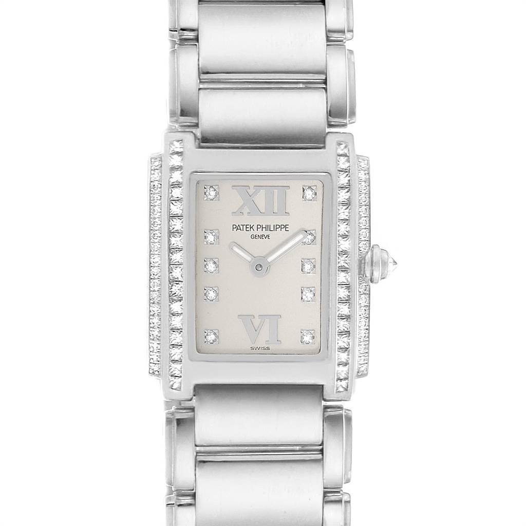 This image shows a frontal view of the face and bracelet of the Patek Philippe Twenty-4 4908/200G-011 Women's White Gold Silver Dial 4908/200G-011 Women's White Gold Silver Dial watch.