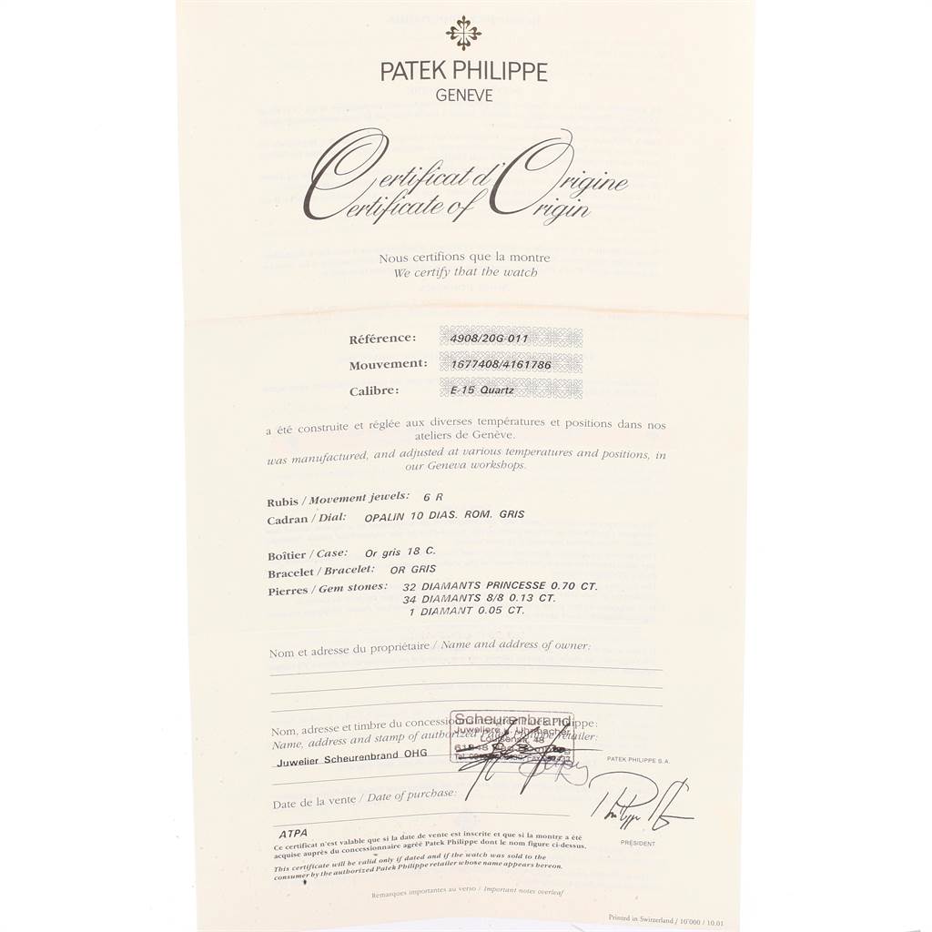 The image shows a Certificate of Origin for a Patek Philippe Twenty-4 4908/200G-011 Women's White Gold Silver Dial 4908/200G-011 Women's White Gold Silver Dial model watch.