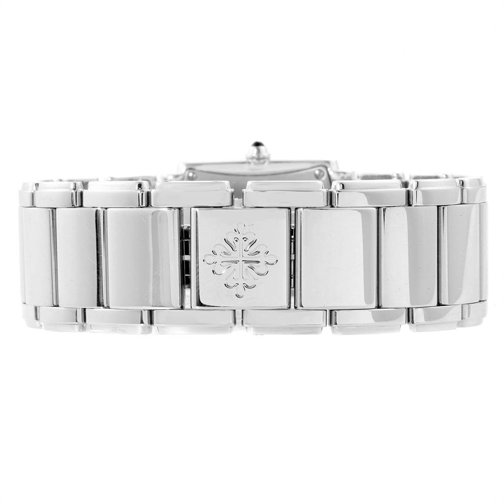This image shows the clasp and part of the bracelet of the Patek Philippe Twenty-4 4910/10A-010 Women's Stainless Steel Grey Dial 4910/10A-010 Women's Stainless Steel Grey Dial watch from a straight-on angle.