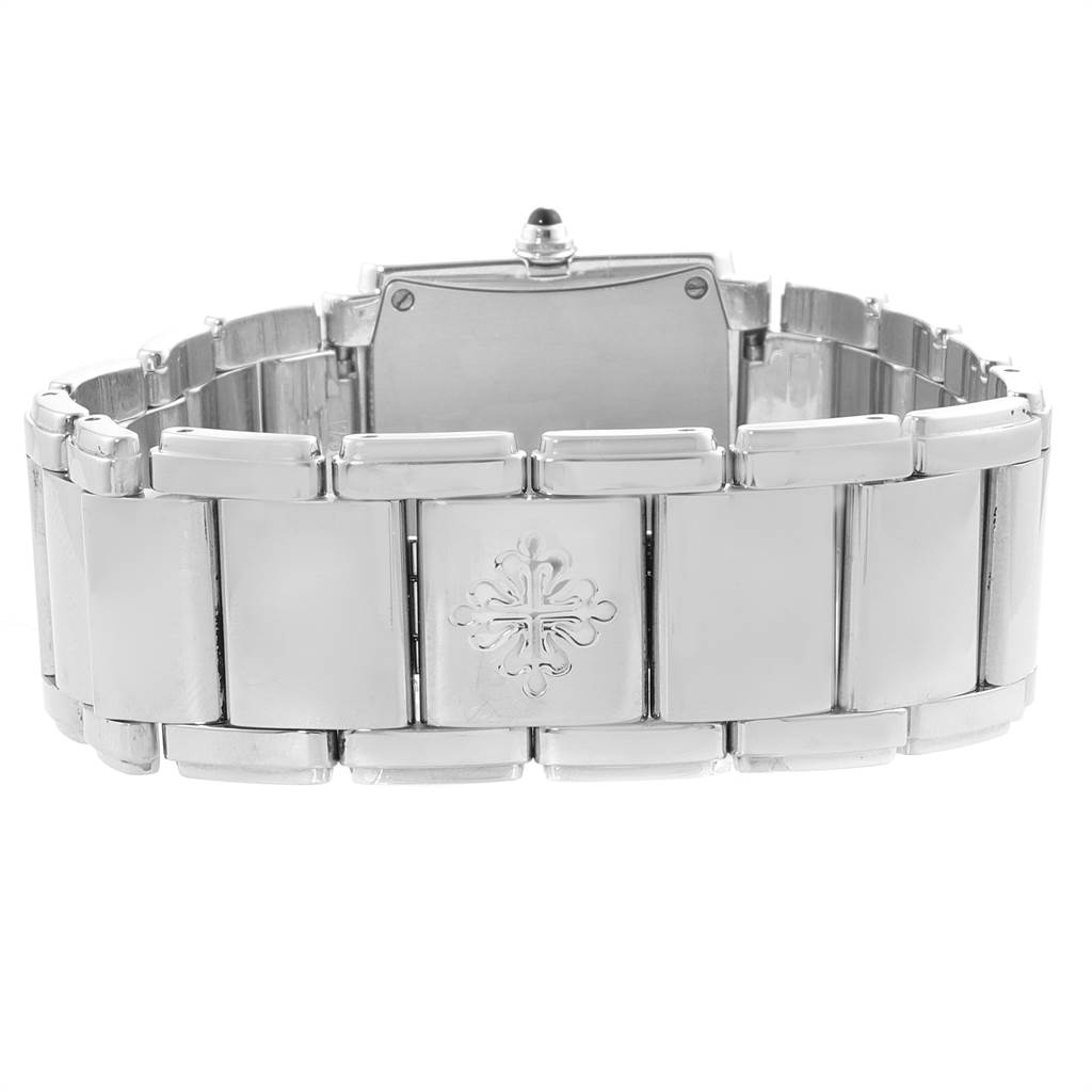The image shows the back view and bracelet of the Patek Philippe Twenty-4 4910-10A-001 Women's Stainless Steel Black Dial 4910-10A-001 Women's Stainless Steel Black Dial model watch.