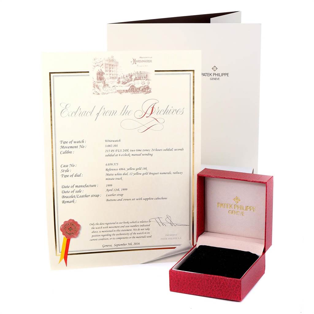 The image shows the documentation and packaging of a Patek Philippe Calatrava 4864J Women's Yellow Gold White Dial 4864J Women's Yellow Gold White Dial watch, including a certificate and a red watch box.