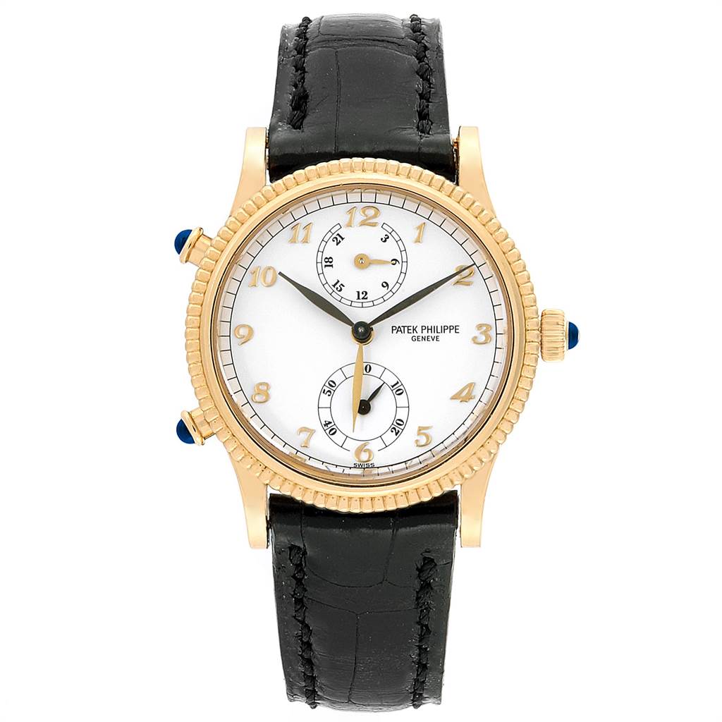 The image shows a front view of the Patek Philippe Calatrava 4864J Women's Yellow Gold White Dial 4864J Women's Yellow Gold White Dial watch, highlighting its dial, hands, case, and leather strap.