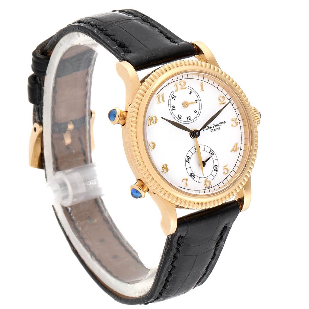 The image shows a Patek Philippe Calatrava 4864J Women's Yellow Gold White Dial 4864J Women's Yellow Gold White Dial watch at a three-quarter angle, highlighting its gold case, white dial, and black leather strap.