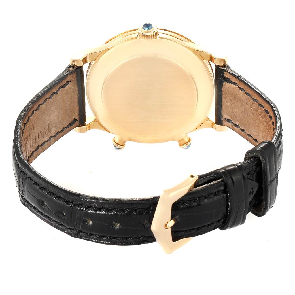 This image shows the back case and strap of the Patek Philippe Calatrava 4864J Women's Yellow Gold White Dial 4864J Women's Yellow Gold White Dial watch from a back angle.