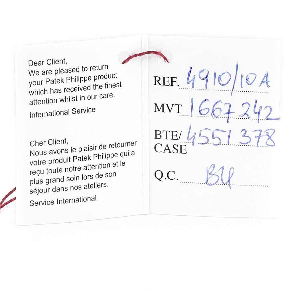 This image shows a service tag with reference numbers for a Patek Philippe Twenty-4 4910-10A-001 Women's Stainless Steel Black Dial 4910-10A-001 Women's Stainless Steel Black Dial model.