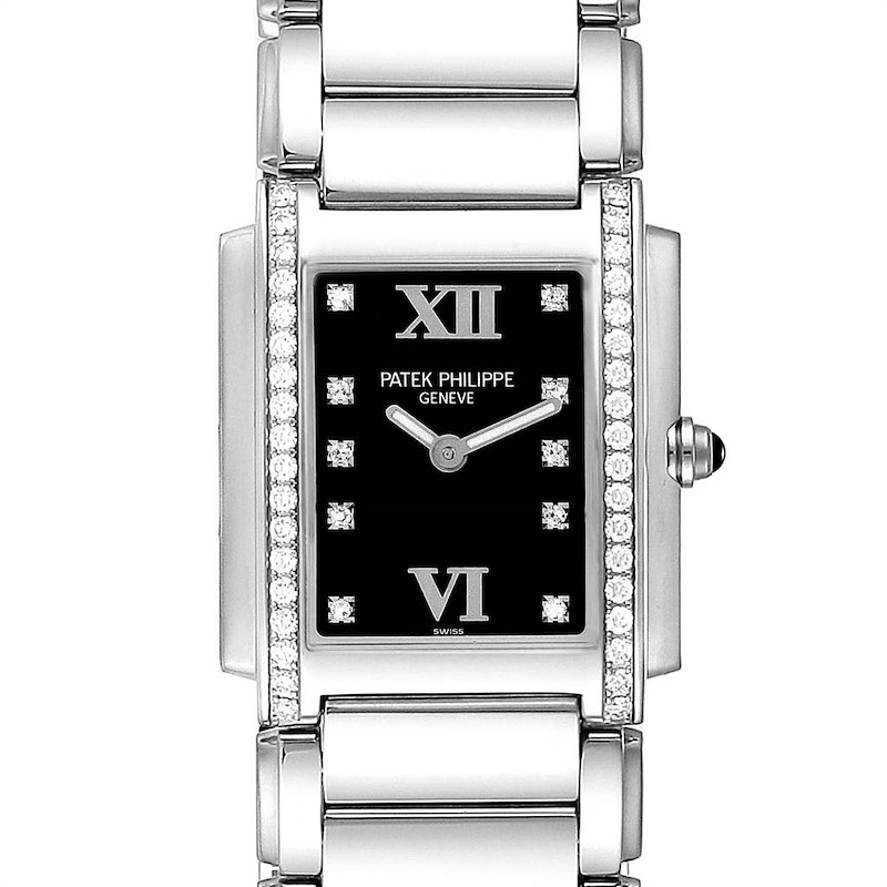 The image shows a front view of a Patek Philippe Twenty-4 watch, highlighting the black dial, diamond accents, and metal bracelet.