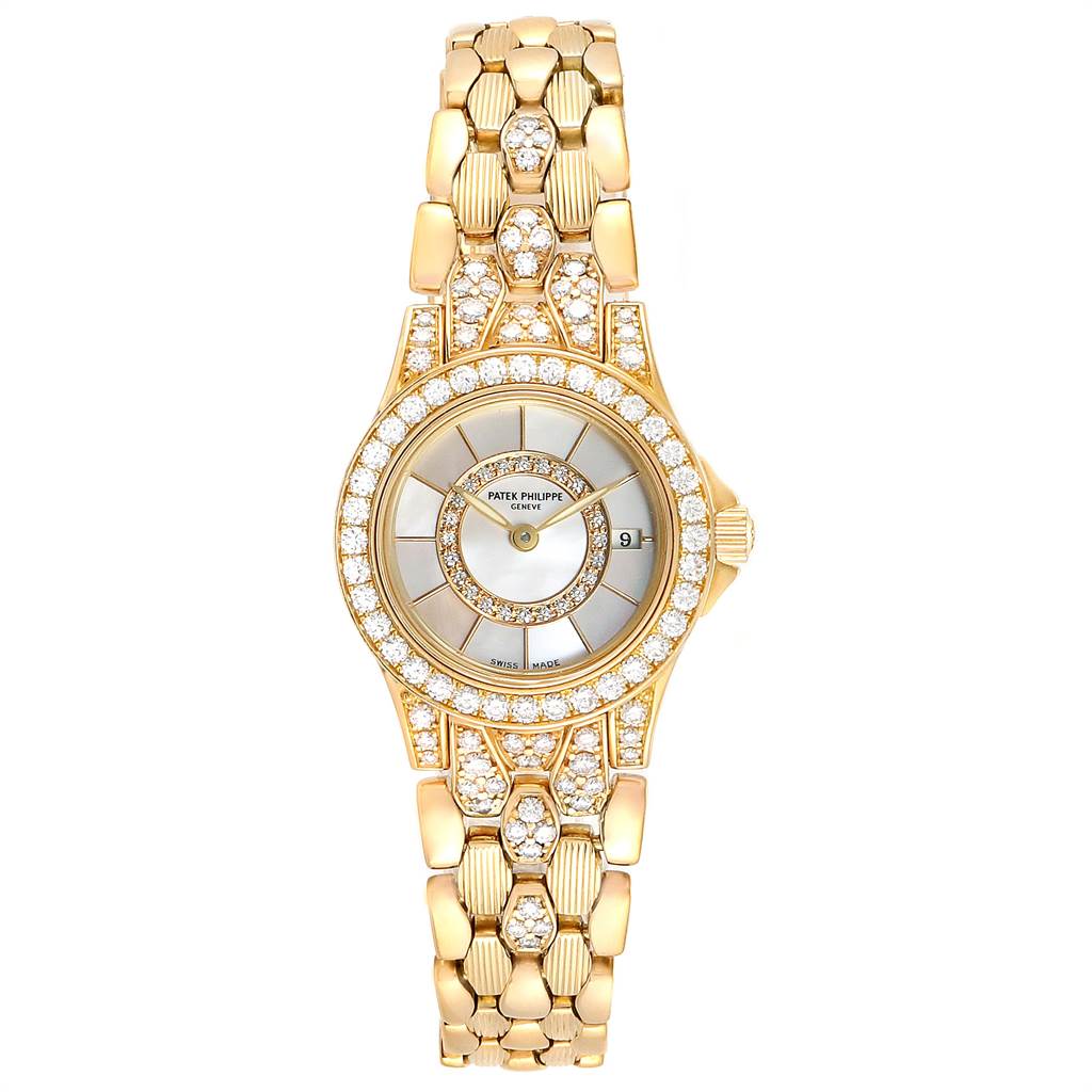 The image shows a front view of the Patek Philippe Neptune 4881-120 Women's Yellow Gold Mother of Pearl Dial 4881-120 Women's Yellow Gold Mother of Pearl Dial model watch, displaying its face, bezel, and bracelet.