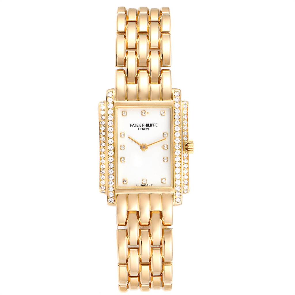The image shows a frontal view of the Patek Philippe Gondolo PATEK PHILIPPE Women's Yellow Gold White Dial PATEK PHILIPPE Women's Yellow Gold White Dial watch, highlighting its gold bracelet, diamond-studded bezel, and white dial.