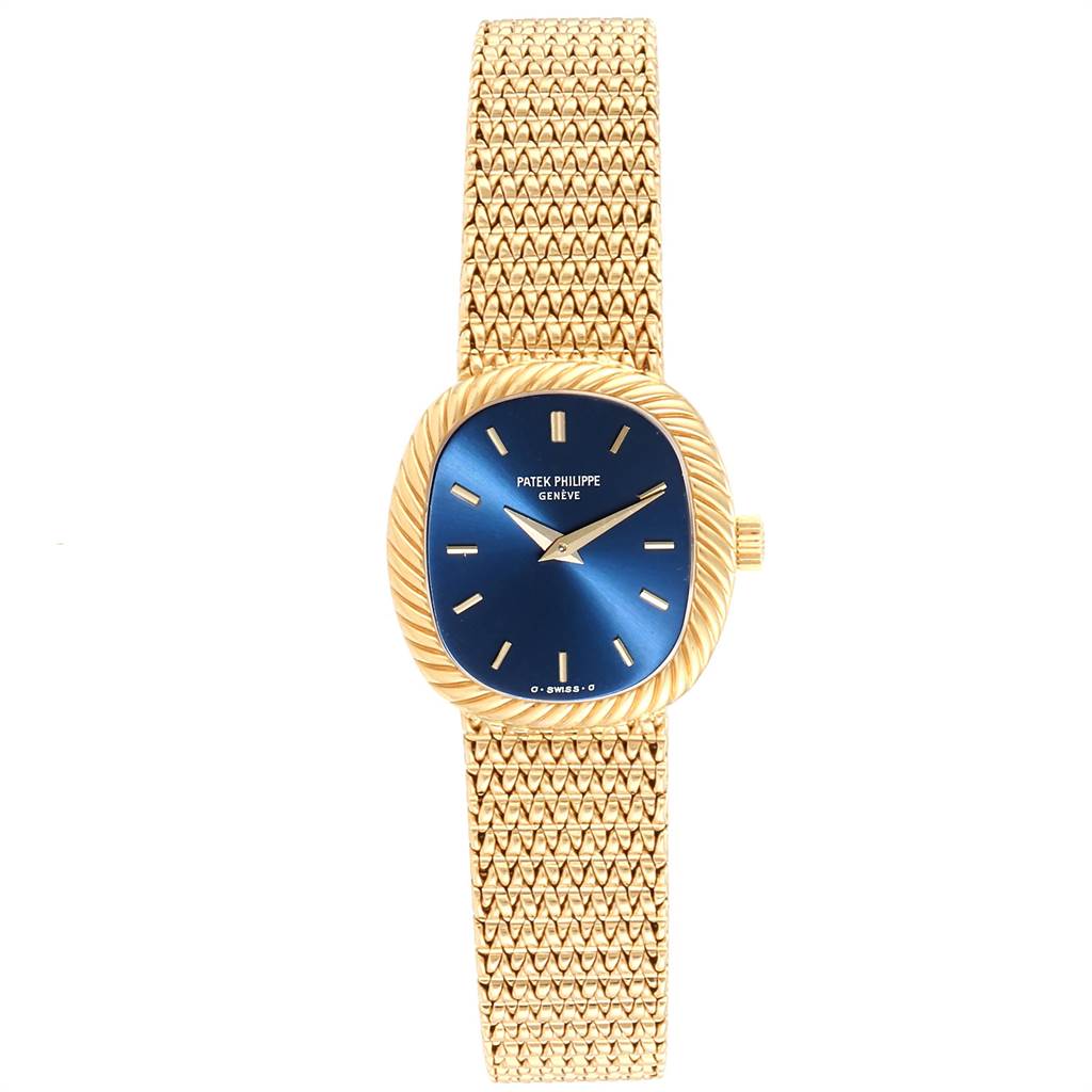 The image shows a front view of the Patek Philippe Golden Ellipse 4461/1 Women's Yellow Gold Blue Dial 4461/1 Women's Yellow Gold Blue Dial watch, displaying its face, dial, and gold bracelet.
