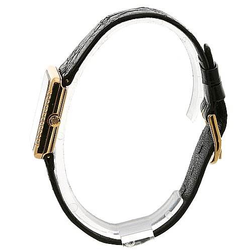 Side view of a Patek Philippe Vintage 4311 Women's Yellow Gold Black Dial 4311 Women's Yellow Gold Black Dial watch showing the case, crown, and black leather strap.