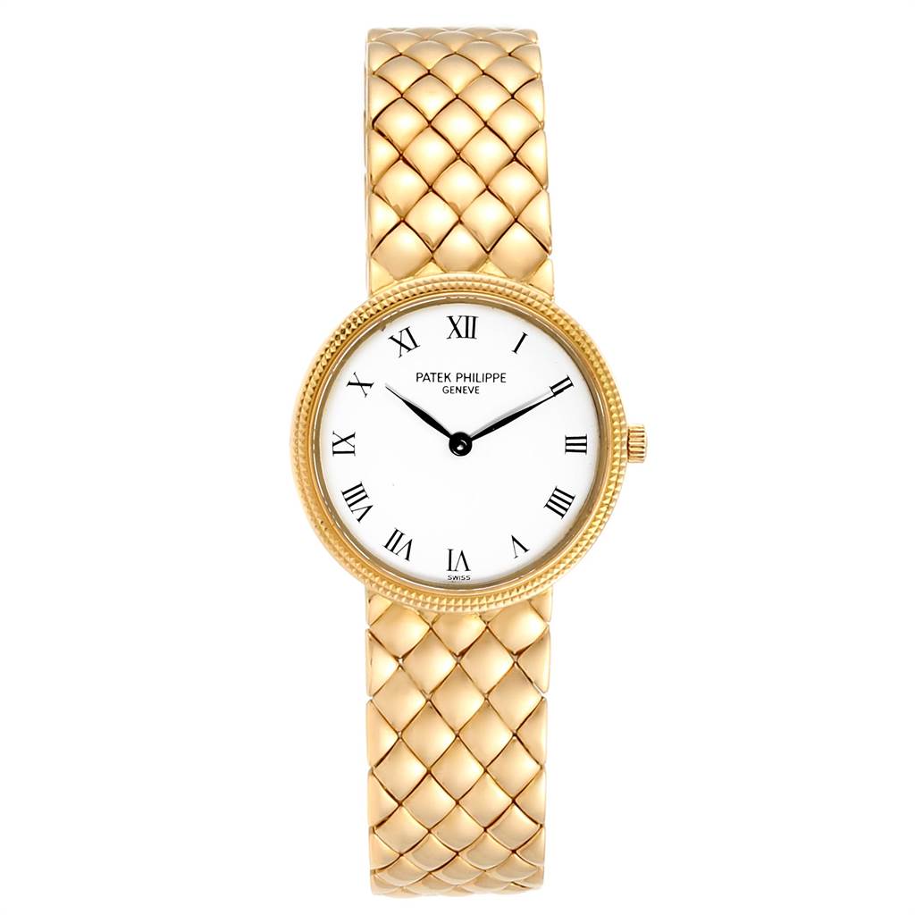 The image shows a front view of a Patek Philippe Calatrava 4819 Women's Yellow Gold White Dial 4819 Women's Yellow Gold White Dial watch with a woven gold bracelet and a white dial with Roman numerals.