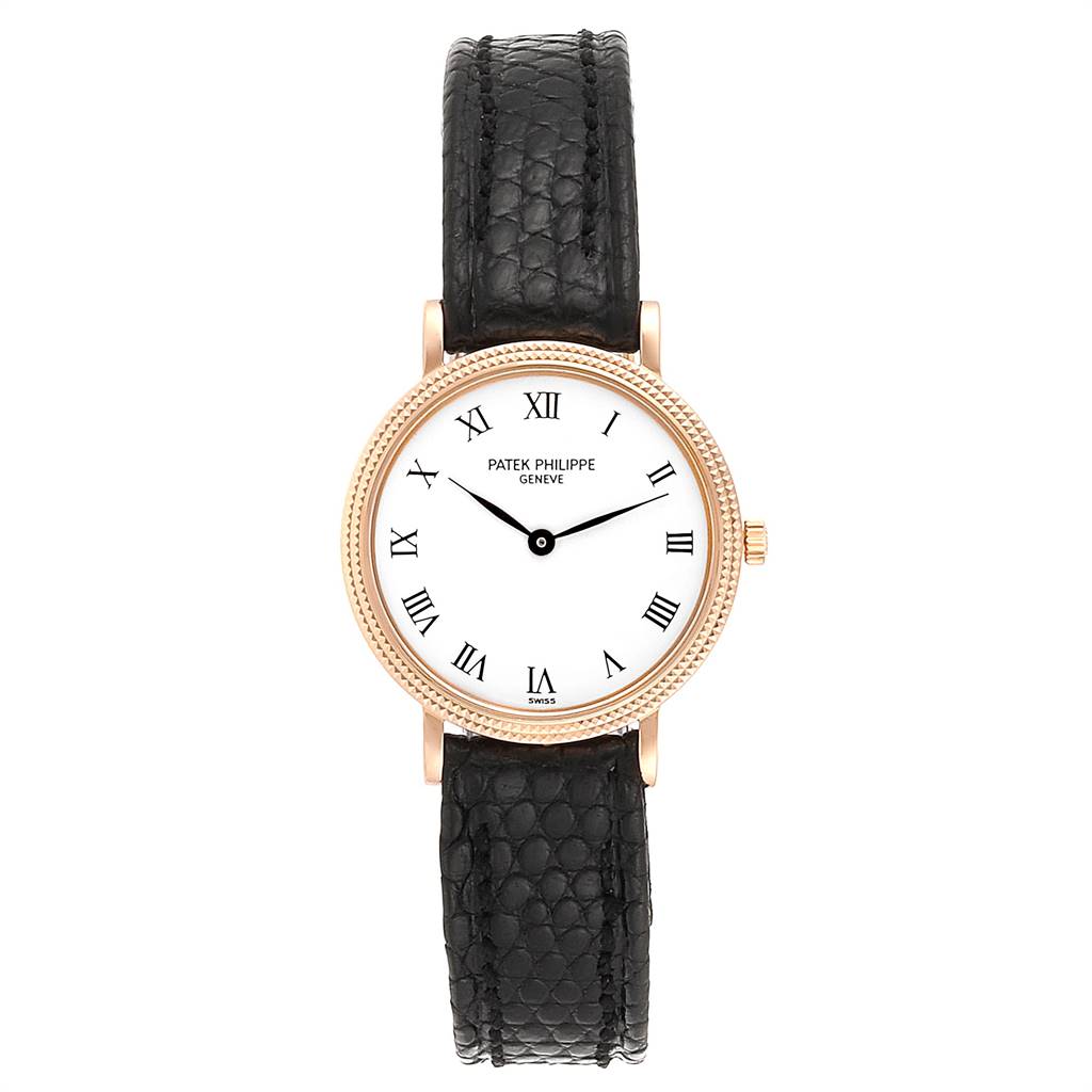 The image shows a frontal view of a Patek Philippe Calatrava 4819 Women's Yellow Gold White Dial 4819 Women's Yellow Gold White Dial watch with a gold case, black leather strap, and Roman numeral dial.