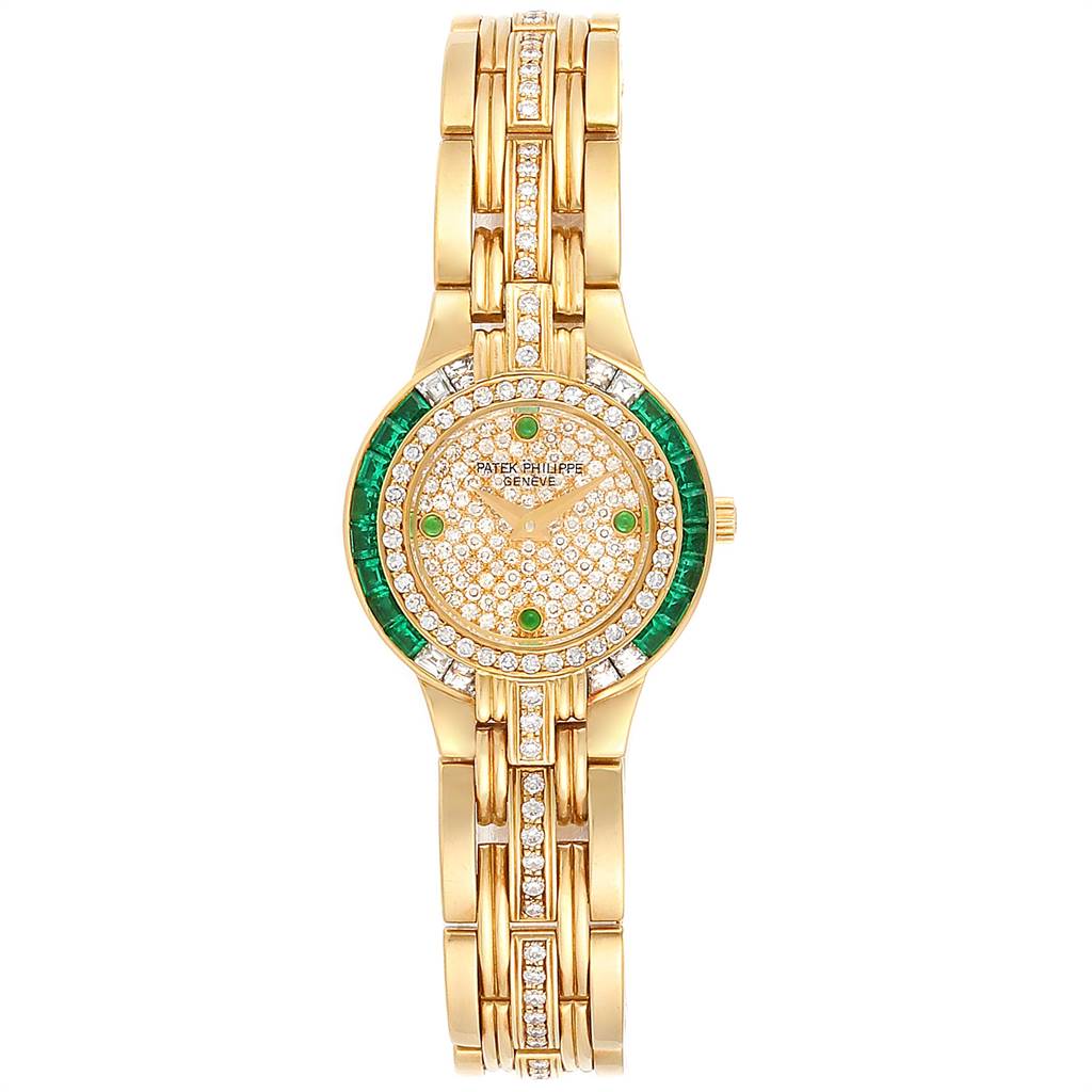 This image shows a front view of the Patek Philippe 4786 Women's Yellow Gold  4786 Women's Yellow Gold  Yellow Gold Diamond Emerald Ladies Watch 4786 model, displaying the watch's face and band.