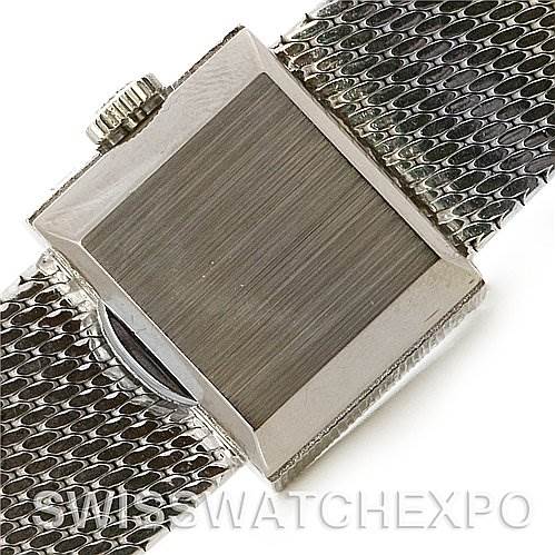This image shows the Patek Philippe Vintage 3322 YEAR 1966 Women's White Gold Silver Dial 3322 YEAR 1966 Women's White Gold Silver Dial model watch from a top-down angle, focusing on the square face and metal mesh strap.
