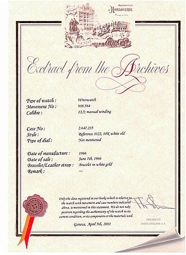 The image shows a certificate for a vintage Patek Philippe watch detailing specifications such as movement, case number, and date of manufacture.