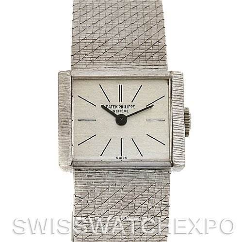 This image shows a Patek Philippe Vintage 3322 YEAR 1966 Women's White Gold Silver Dial 3322 YEAR 1966 Women's White Gold Silver Dial watch from a top-down angle, displaying the dial, case, crown, and bracelet.