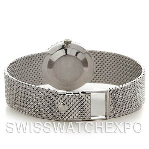 The image shows the back view of a Patek Philippe Vintage 3337/3 Women's White Gold Silver Dial 3337/3 Women's White Gold Silver Dial watch, highlighting its mesh bracelet, clasp, case back, and crown.