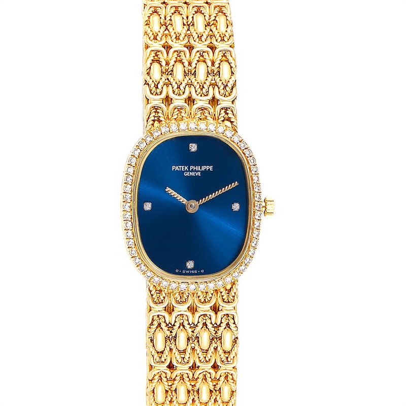 Patek Philippe Golden Ellipse 18k Yellow Gold Blue Dial Ladies Watch 4698 SwissWatchExpo