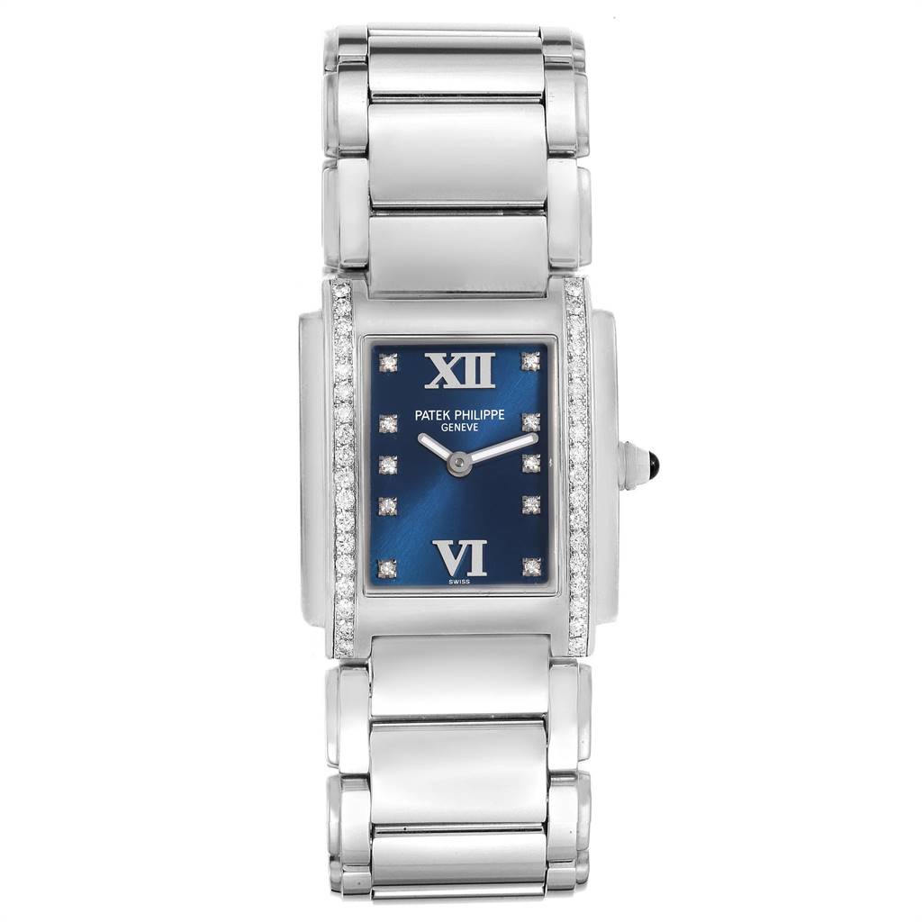 The image shows the front view of a Patek Philippe Twenty-4 4910-10A-012 Women's Stainless Steel Blue Dial 4910-10A-012 Women's Stainless Steel Blue Dial watch displaying its blue dial, bracelet, and diamond-set bezel.