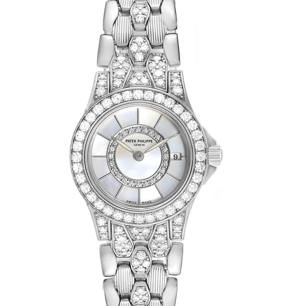 The image shows a frontal view of the Patek Philippe Neptune 4881-120G Women
s White Gold Mother of Pearl Dial 4881-120G Women
s White Gold Mother of Pearl Dial watch, displaying its diamond-studded bezel and bracelet.