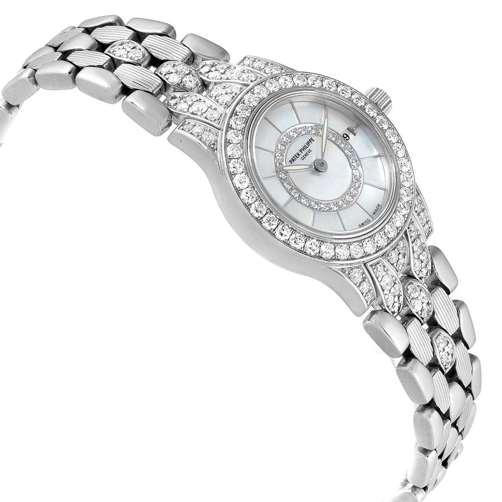 The image shows a side-angle view of the Patek Philippe Neptune 4881-120G Women
s White Gold Mother of Pearl Dial 4881-120G Women
s White Gold Mother of Pearl Dial model watch, highlighting its diamond-studded bezel and bracelet.