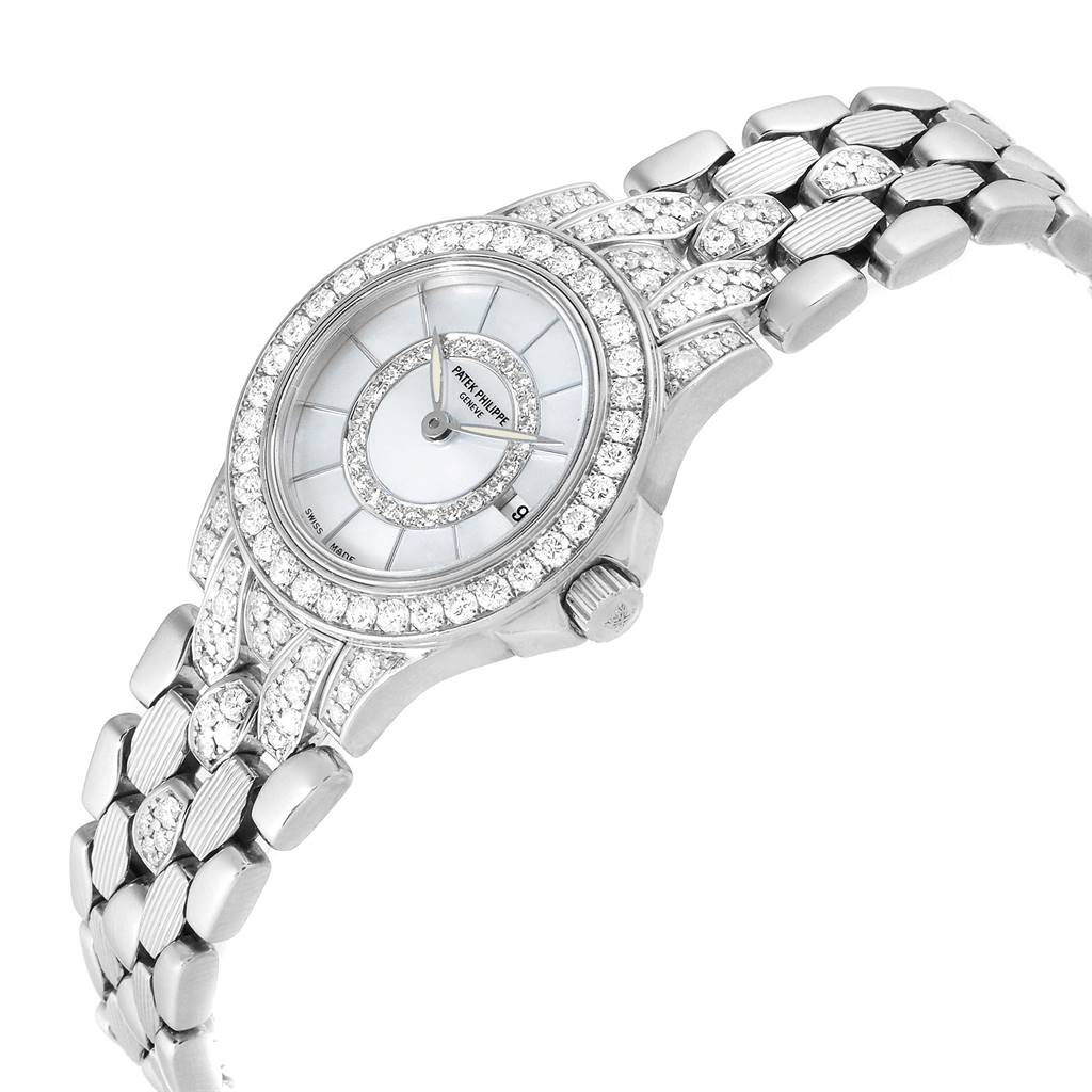 The image shows a Patek Philippe Neptune 4881-120G Women
s White Gold Mother of Pearl Dial 4881-120G Women
s White Gold Mother of Pearl Dial model watch from an angled view, displaying the diamond-set bezel, dial, and bracelet.