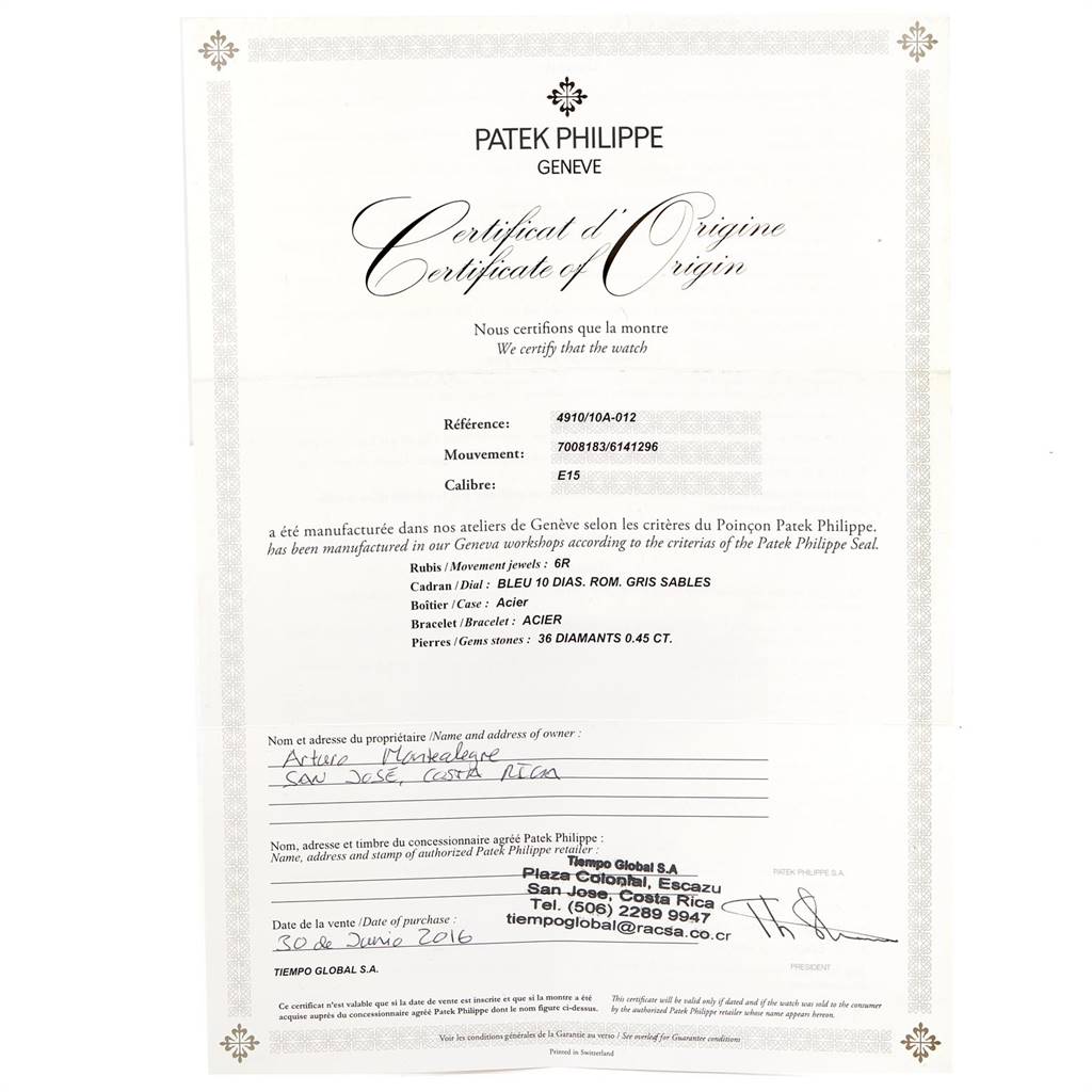 This image shows a Certificate of Origin for a Twenty-4 model by Patek Philippe.