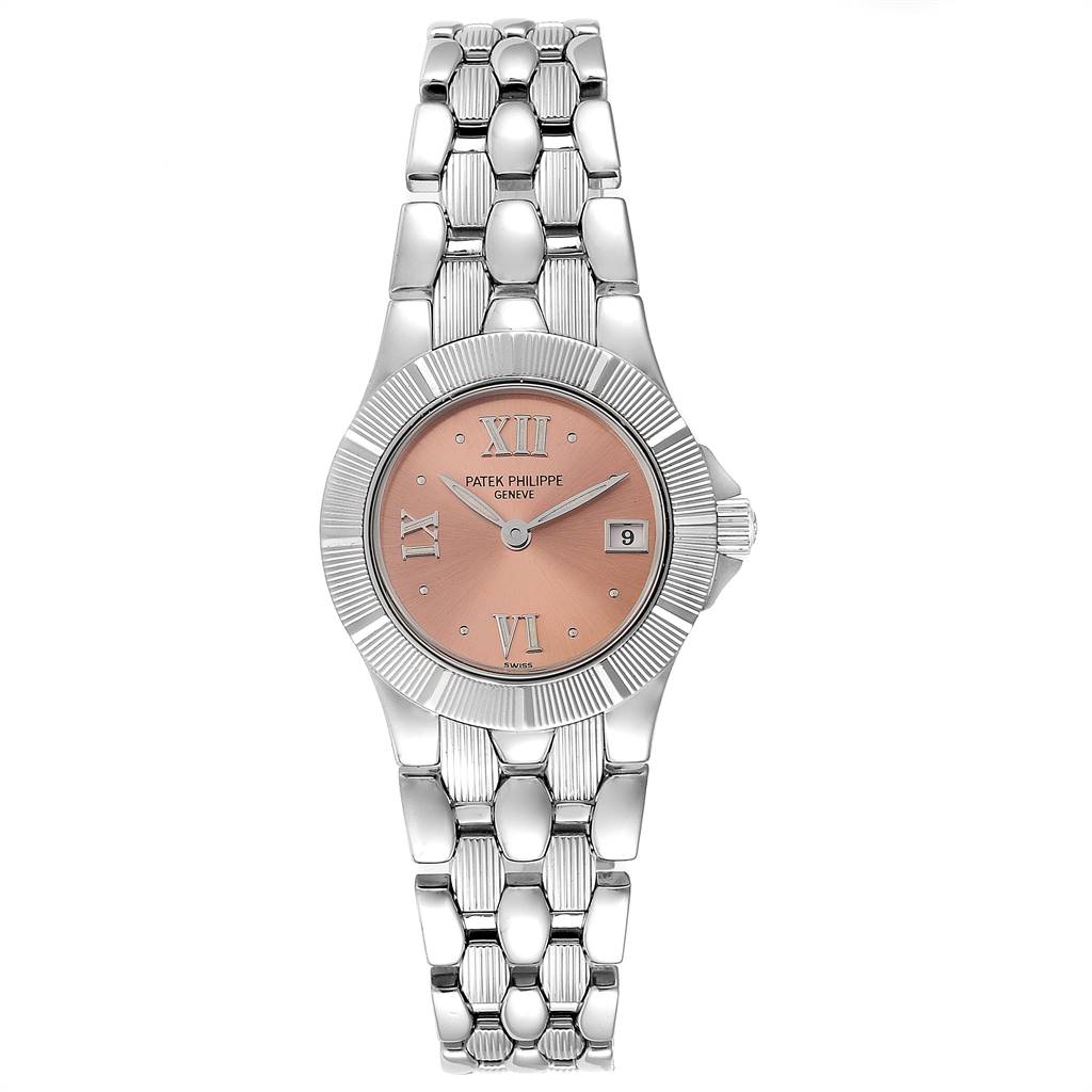 The image shows a front view of the Patek Philippe Neptune 4880/1A Women's Stainless Steel White Dial 4880/1A Women's Stainless Steel White Dial model watch, highlighting the dial, bezel, and metal bracelet.